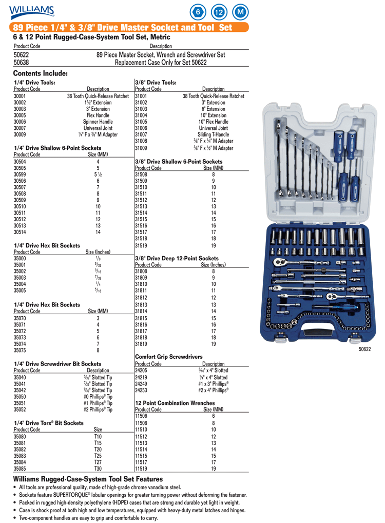 89 Piece Socket Wrench & Screwdriver Set 50622 Williams Hi Chrome 